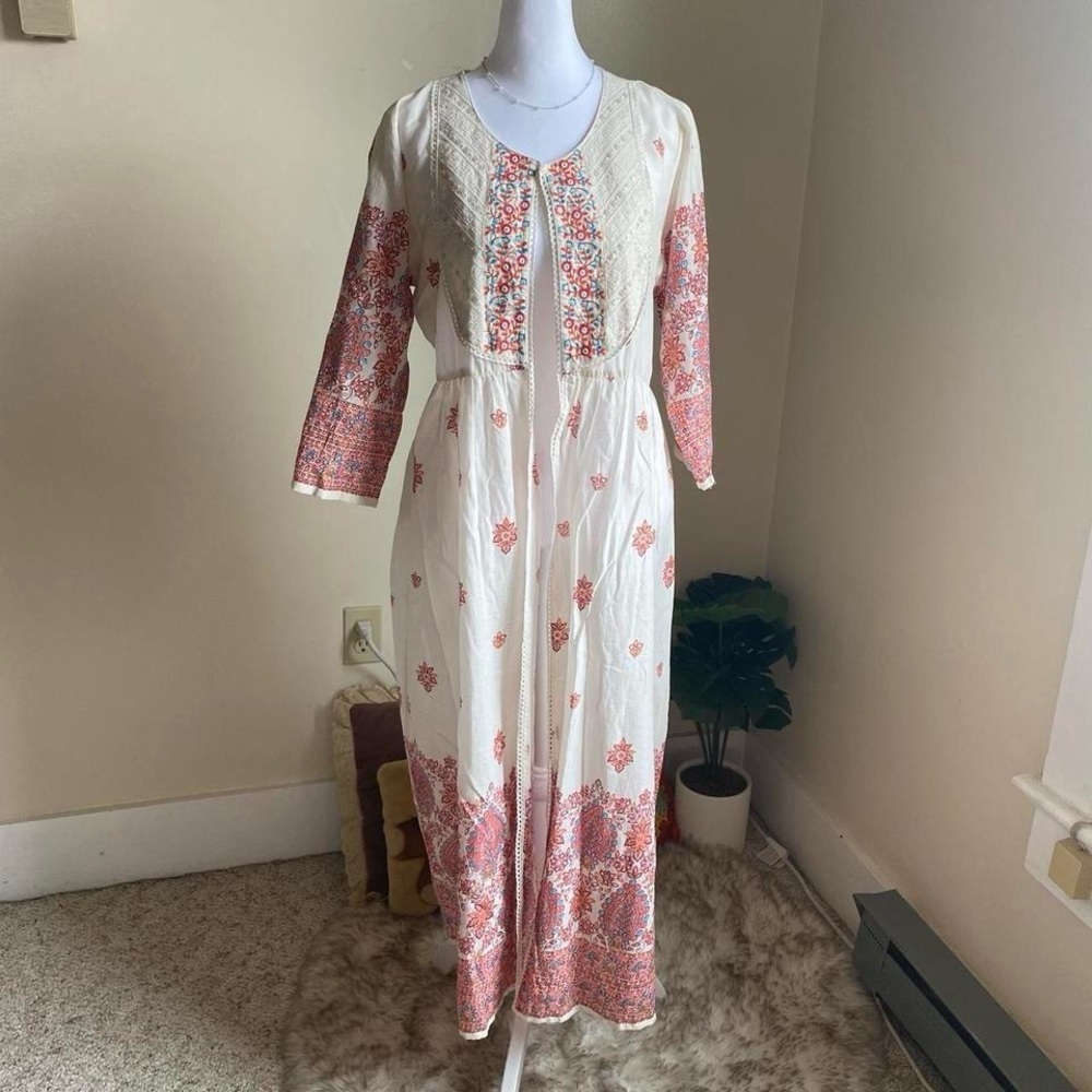 Boho cream & red maxi robe/beach coverup - Picture 5 of 8